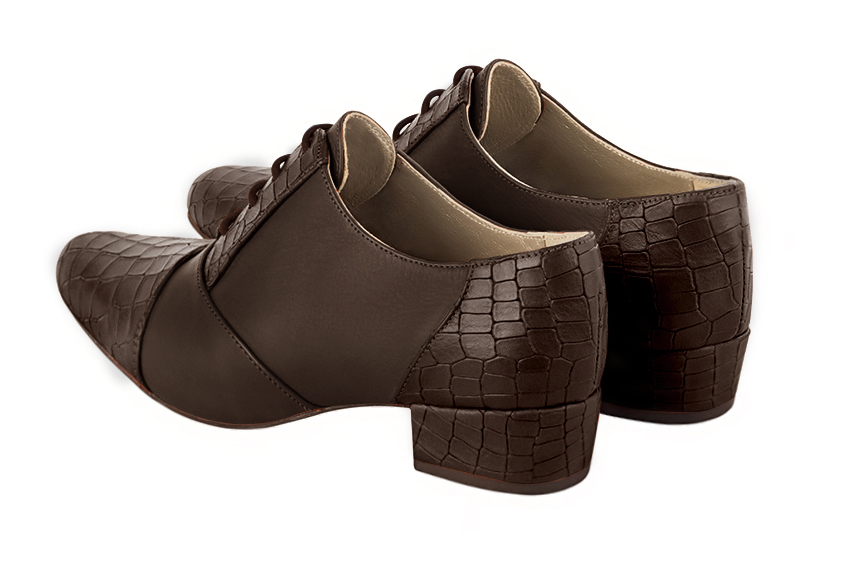 Dark brown women's essential lace-up shoes. Round toe. Low block heels. Rear view - Florence KOOIJMAN